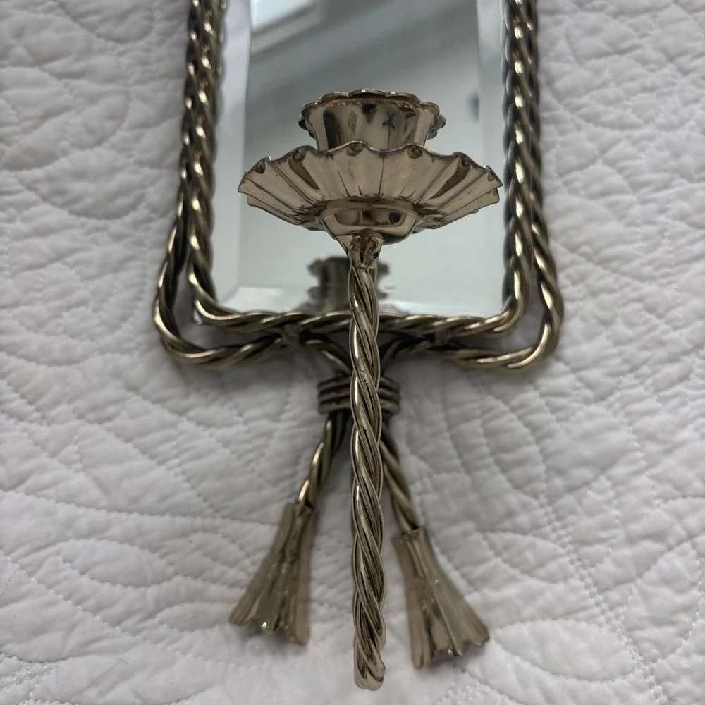 Vtg Hollywood Regency Brass Beveled Mirror Twisted Rope Wall Candle Sconce 17.5